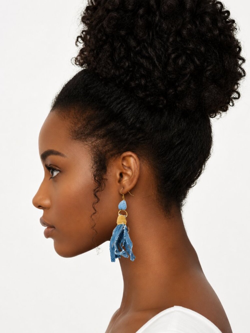 Blue Dyed Quartz Crystal, Denim and Leather Drop Earrings 4"